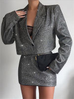 (ร้อน) Taruxy Glitter Crop Blazer 2ชิ้นชุดกระโปรงสตรี Outifits ฤดูใบไม้ร่วง2022ใหม่ Sliver Sparkly Blazer ชุดปาร์ตี้หญิงชุด