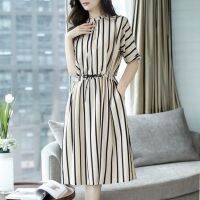 Fashion Elegant Vertical Striped Short Sleeve Split Maxi Dresses （no pocket）