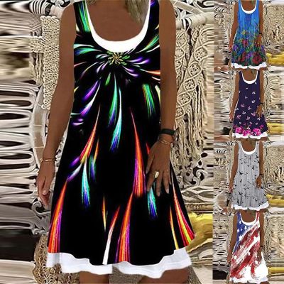 Womens Geometric Floral Print Fashion Knee-Length Skirt 3D Print Dress 2022 Spring/Summer Casual Sleeveless Ladies A-Line Skirt