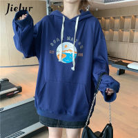 Jielur Korean Fashion White Orange Women Hoodies Kawaii Cartoon Print Female Sweatshirt Pocket Thin Pullovers Loose Streetwear