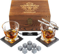 W WHISKOFF Whiskey Glass Set of 2 - Bourbon Whiskey Stones Gift Set - Rocks Whisky Chilling Stones - Scotch Glassess Gift in Wooden Box - Wisky Stones Set - Burbon Gifts for Men Dad for Birthday Fathers Day