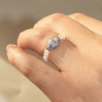 FANME แหวนนิ้วเครื่องประดับแฟชั่นแหวนหินธรรมชาติไข่มุกสำหรับผู้หญิงสไตล์เกาหลีย้อนยุคเรียบง่าย