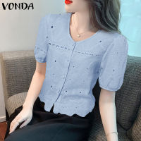 VONDA เสื้อลำลองมีกระดุมสำหรับผู้หญิงเสื้อคอกลมแขนพองสั้นสำหรับเดินทาง (ลำลองเกาหลี)