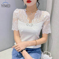 YIMEI เสื้อยืดลูกปัดแฟชั่นสำหรับผู้หญิง2023สวยๆสำหรับฤดูร้อนสไตล์ตะวันตกสไตล์จีนใหม่ให้ความรู้สึกเหมือนกระดุมแผ่นดิสก์เสื้อยืดผ้าฝ้ายแฟชั่นสำหรับผู้หญิง