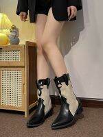 HOT★Pointy Boot รองเท้าผู้หญิงฤดูใบไม้ร่วงรองเท้าบู้ท-ผู้หญิง Pointe สุภาพสตรีลิ่มต่ำ2023ยางคาวบอยข้อเท้าผสมสีโรม PU