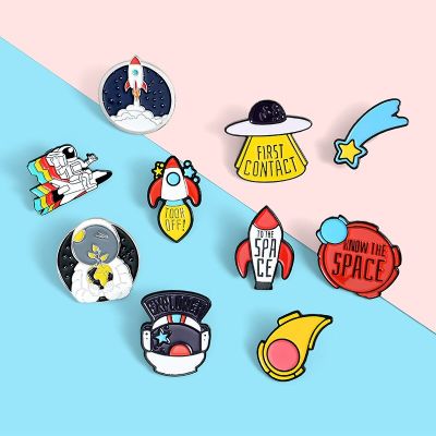 10styles To the Space Enamel Pins Custom Astronaut Space Ship Rocket UFO Brooch Bag Lapel Pin Shirt Badge Jewelry Gift for Kids