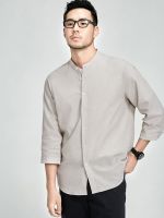 Germusch stand-up collar three-quarter sleeve linen shirt mens Japanese casual loose inch shirt mid-sleeve round neck cotton and linen shirt 【SSY】