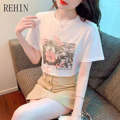 REHIN เสื้อยืดแขนสั้นสำหรับผู้หญิง,เสื้อยืดคอกลมทรงหลวมพิมพ์ลายดอกฝ้ายแฟชั่นสไตล์เกาหลีแบบใหม่ฤดูร้อน