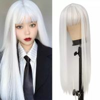 FGY White Ladies Long Straight Hair With Bangs Cosplay 28 Inch Pure White Wig Anime Lolita Heat Resistant Fiber Synthetic Wig2023