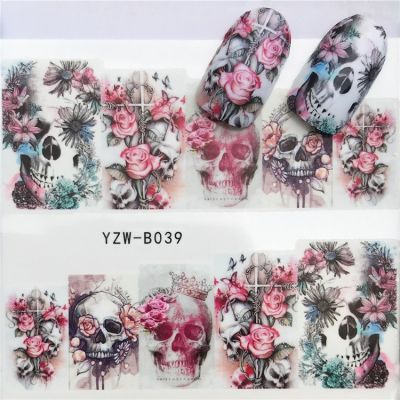 【LZ】 1 Sheet Water Transfer Nail Art Stickers Rose Skull Bones Designs Sliders For Nail Decals DIY Manicure YZW-B039