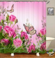 Butterfly Rose Flower Printed Waterproof Bathroom Shower Curtain Set Non-Slip Bath Mat Rug Sets Toilet Cover Bathroom Decor