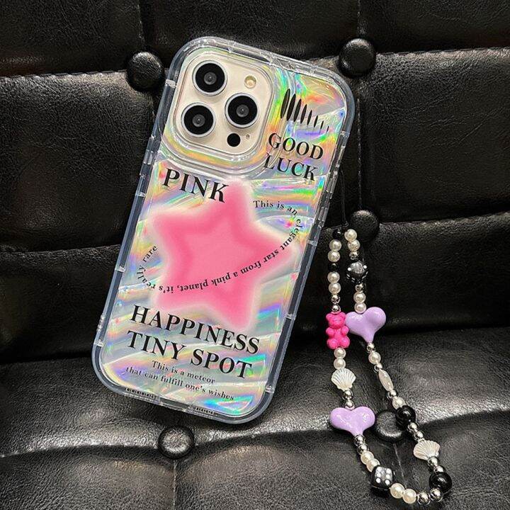 เคสโทรศัพท์มือถือ-แบบใส-ลายดาวสีชมพู-พร้อมสายโซ่คล้อง-สําหรับ-iphone-14-12pro-13promax-xs-xr-7-8plus