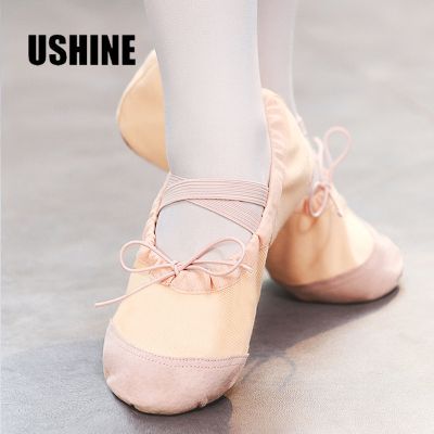 USHINE รองเท้าบัลเล่ต์โยคะครูสอนอ่อนสำหรับเด็กผู้หญิงผู้หญิงเด็ก,ผ้าแคนวาสสำแดงขาวชมพูแบน