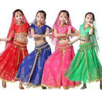 5PCs Set Kids Girls Belly Dance Costumes Halloween School Party Cosplay Aladdin Princess Suit Arabian Princess Costume India Team Dancing Performance Dress up Tops Skirts with Head veil Headpiece Belt