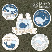 ʕ •ᴥ•ʔ ✿ พร้อมส่ง : เข็มกลัดเซ็ทวาฬและถุงพลาสติก | "SAVE THE OCEAN" Whale &amp; Plastic Bag Enamel Brooch Pin Set.