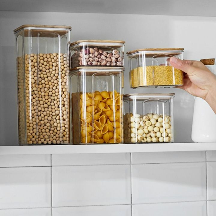 htrxb-ปิดผนึก1ชิ้นสุญญากาศสำหรับอาหารบ้านครัวเกรดด้วยฝาไม้ไผ่กล่องเก็บของจัดธัญพืชกล่องใส่อาหารโถเก็บ