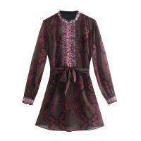 Women Vintage Jacquard Patchwork Print Totem Court Style Shirt Dress Female Chic Bow Sashes Chiffon A Line Vestido