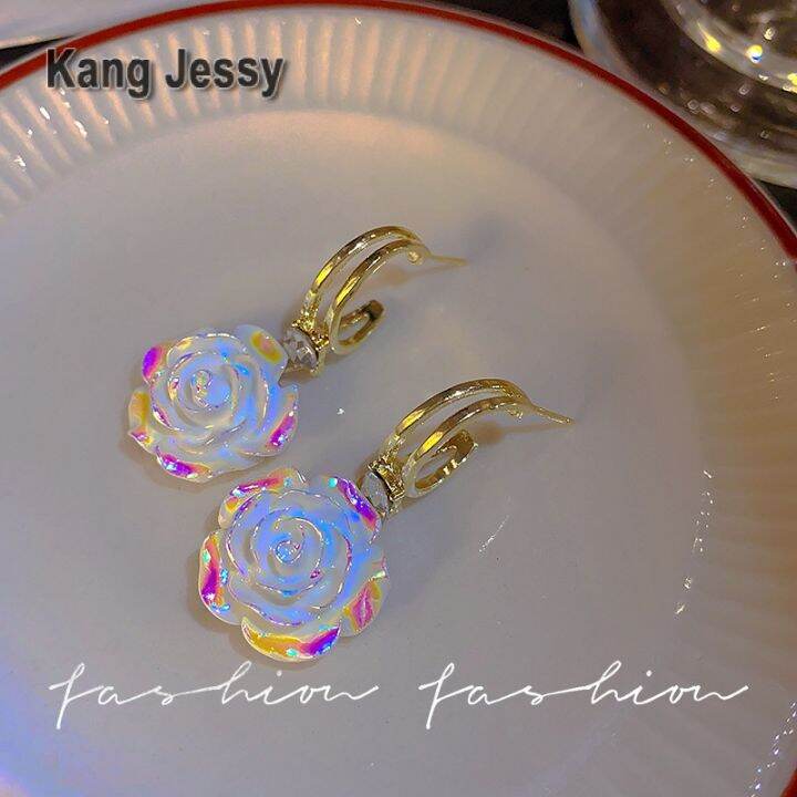 kang-jessy-925-ต่างหูดอกกุหลาบสีขาวเข็มเงินแฟชั่นไม่สมมาตรออกแบบเฉพาะกลุ่มต่างหูฝรั่งเศสขั้นสูงต่างหู