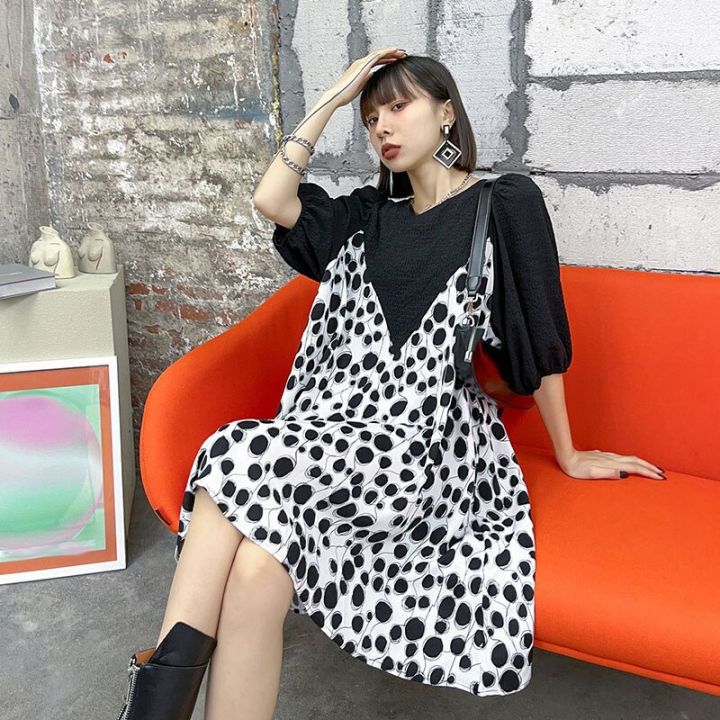 xitao-dress-fashion-false-two-pieces-women-dot-print-mini-dress