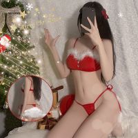 SENMHS Sexy Santa Lingerie Lady Christmas Red Velvet Bikini Sets Bra  2Pcs Bandage Exotic Set With Feather Holiday Gifts