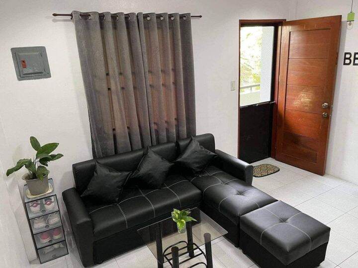 sala set L shape black leather sofa with center table uratex foam cod