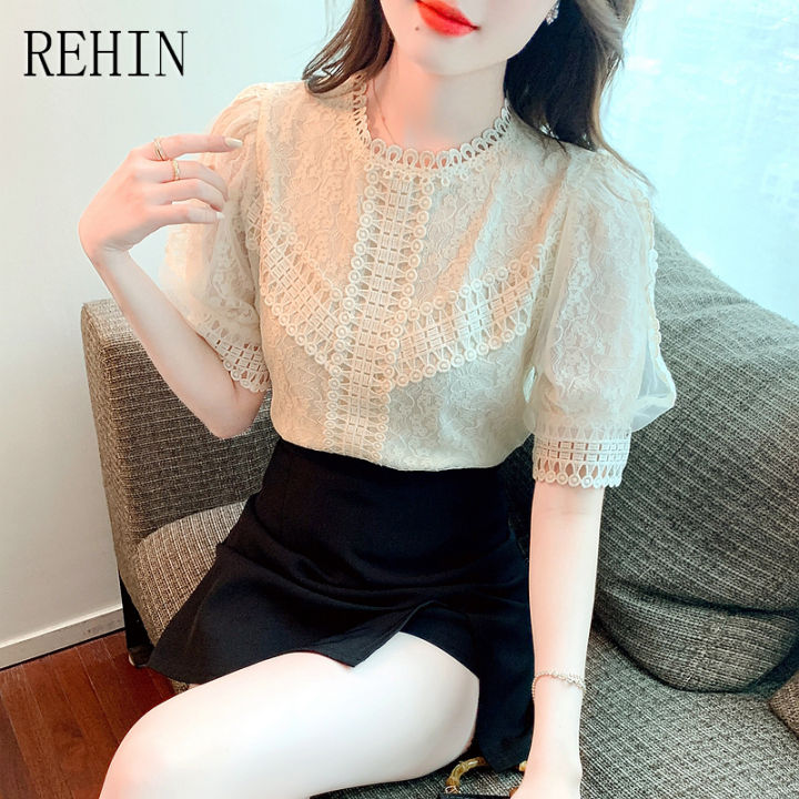 rehin-เสื้อเชิ้ตแขนพองสำหรับผู้หญิง-เสื้อแฟชั่นคอกลมสไตล์เกาหลีแบบใหม่เสื้อแขนพองดีไซน์นางฟ้าเสื้อเชิ๊ตตัวสั้นฤดูร้อน