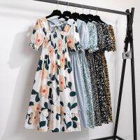 【CW】♀♠☾  2023 Print Dresses Short Sleeve Pleated Beach Collar Elastic Waist Woman Vestidos