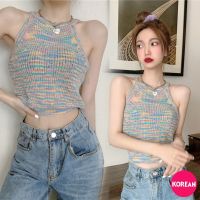 ?Korean Fashion?เสื้อแขนกุดคอกลม ทรงครอป ผ้าไหมพรม ถักลายสีพาสเทลน่ารัก แฟชั่น