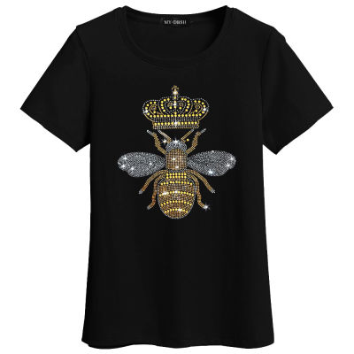 New Arrivals Casual Female T shirts Women Crown Bee diamond T Shirts Fashion Beaded Blackwhite rhinestone Ladies T-shirt