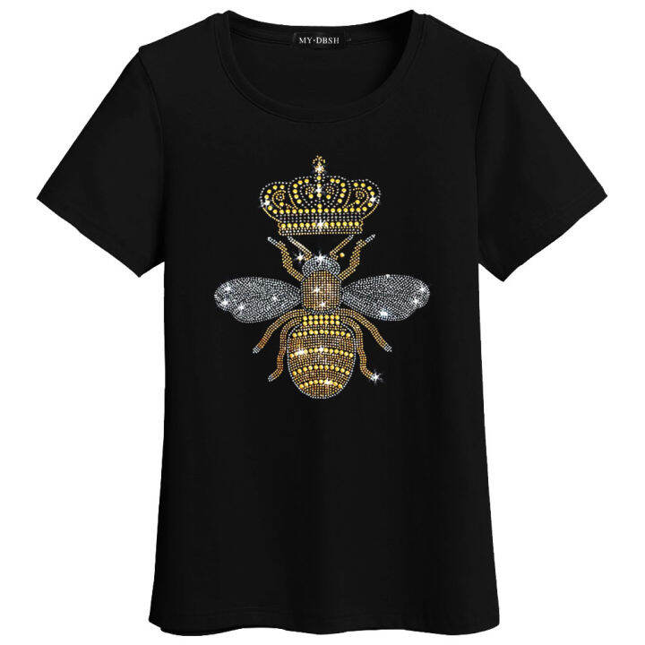 new-arrivals-casual-female-t-shirts-women-crown-bee-diamond-t-shirts-fashion-beaded-blackwhite-rhinestone-ladies-t-shirt