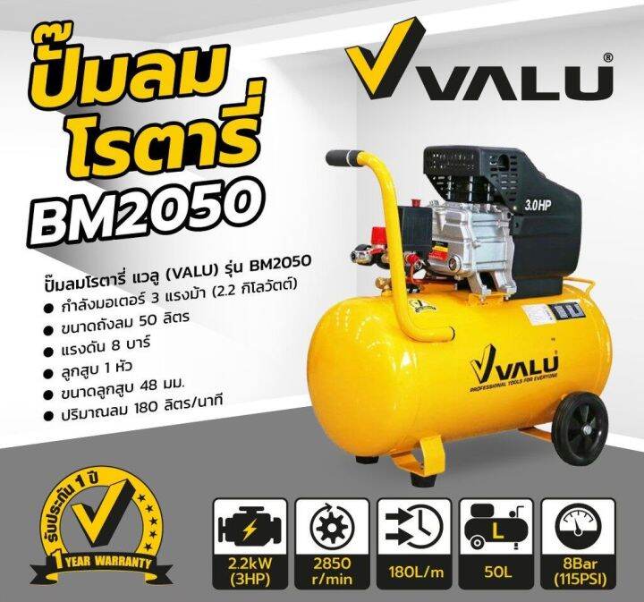 bm2050-ปั๊มลมขับตรง-3hp-ถัง-50l-3-แรงม้า-2237-วัตต์-ขนาดถังลม-50-ลิตร-แรงดัน-8-บาร์-ของแท้