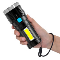 4-core Super Bright Flashlight USB Rechargeable Outdoor Led Torch Long-range Mini Spotlight Battery Display COB Tactical Light