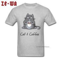 T Shirt Man Tops Kawaii TShirt Cat And Coffee Tshirts Grey Funny T-shirt Short Sleeve Custom VALENTINE DAY Cotton Clothing