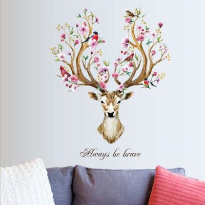 DIY Sika Deer Head Flowers Wall stickers For Living Room Art Vinyl Wall Decals For Kids Baby Home Decor adesivo de parede