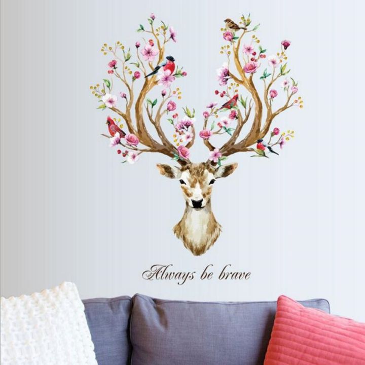 diy-sika-deer-head-flowers-wall-stickers-for-living-room-art-vinyl-wall-decals-for-kids-baby-home-decor-adesivo-de-parede