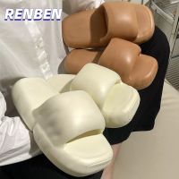 RENBEN ผู้หญิงรองเท้าแตะส้นหนาสามารถสวมใส่นอกบ้านรองเท้าแตะคู่แบบเรียบง่ายสีลูกกวาดที่บ้าน V725