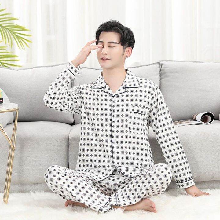 muji-high-quality-pajamas-mens-long-sleeved-summer-thin-cardigan-set-mens-clothes-dad-spring-and-autumn-youth-middle-aged-plus-size-loose-suit