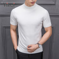 YINZI 2021ฤดูร้อนถักเสื้อยืด Slim เสื้อกันหนาวแขนเสื้อสั้นสีทึบกึ่งสูงถักสำหรับชาย