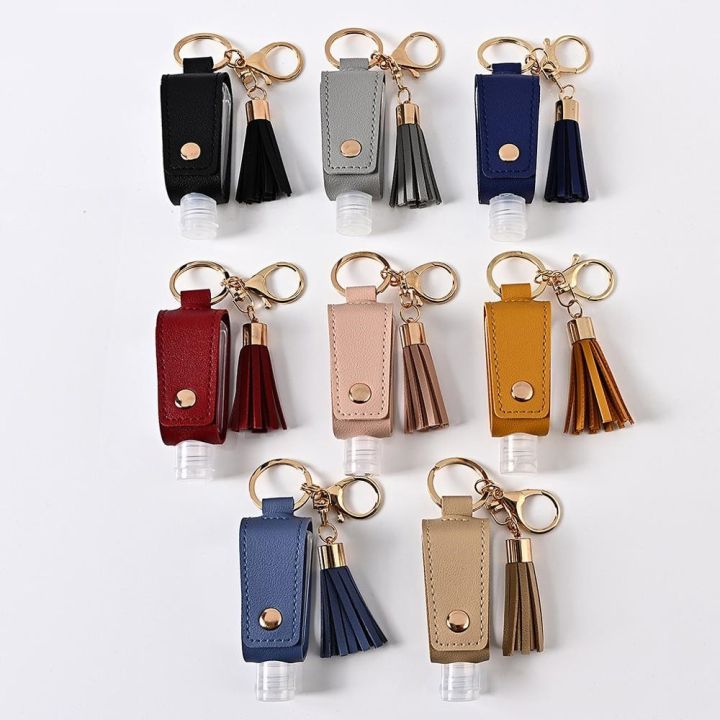 hand-sanitizer-leather-keychain-holder-travel-bottle-refillable-container-30ml-flip-reusable-bottle-with-tassel-keychain-carrier