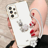 สำหรับ Samsung Galaxy A13 A22 A23 A32 A50 A52 A53 A72 4G 5G Case,ดอกไม้สายคล้องมือ3D น่ารักกระต่าย Rhinestones หรูหรานุ่มโทรศัพท์กรณีหญิงซองกันกระแทกป้องกันปกหลัง