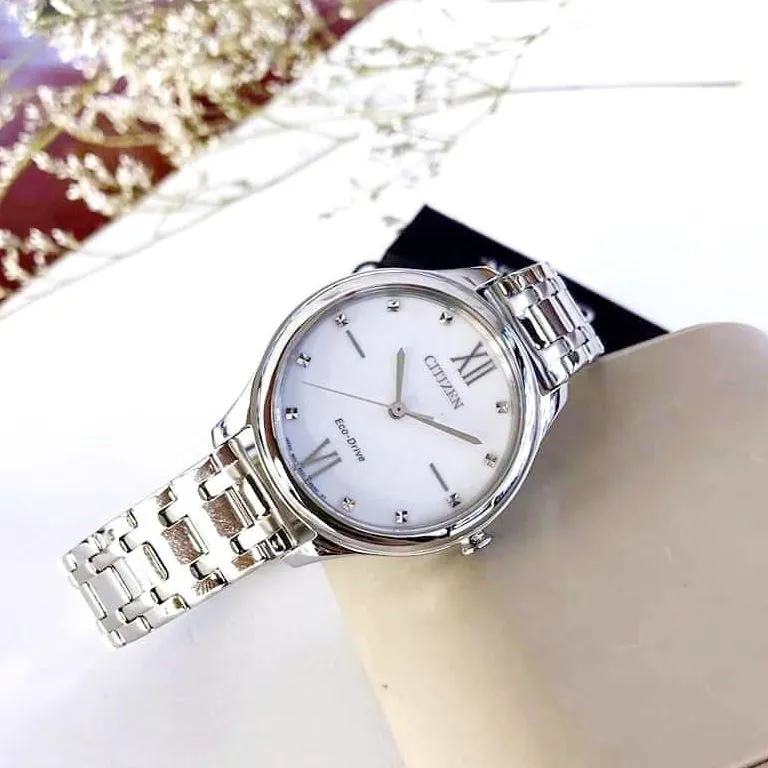 Đồng hồ Nữ chính hãng Citizen Eco Drive EM0500-73A Size 32,Mặt trắng-Năng  lượng ánh sáng-Dây kim loại thép cao cấp 