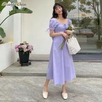 【Beautiful Online 】Square Collar French Style Medium Length Platycodon Grandiflorum Forest R Slim Purple Dress