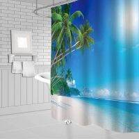 Ocean Beach Palm Tree Bath Curtain หาดทรอปิคอลซันไรส์ฮาวายเทอร์ควอยซ์ภูมิทัศน์ผ้าตกแต่งห้องน้ำผ้าม่านตะขอ 180 * 180 ซม