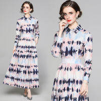 Elegant Autumn Tie Dye Print Maxi Dress Women Full Sleeve High Waist Geometry Printed Patchwork Celebrity Party Long Vestidos