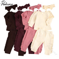 Infant Baby Solid Color Clothes Set with Ruffles, Girls Long Sleeve O-neck Pullover + Long Pants + Bow-knot Headband  by Hs2023