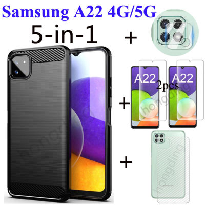 5In 1กระจกเทมเปอร์ Samsung Galaxy A22 A32 A42 A52 A72 4G / 5G A12 A02S A11เคสโทรศัพท์ Samsung Galaxy M12 M31 M51 5 In 1โทรศัพท์มือถือเคสโทรศัพท์ + คลุมทั้งหมดฟิล์มแก้ว + คาร์บอนไฟเบอร์ฟิล์มด้านหลัง + กล้องฟิล์มเลนส์