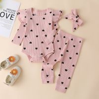 3Pcs Baby Girl Outfit Set Newborn Toddler Girls Clothes Ruffle Heart Print Long Sleeve Romper Bodysuit Pants Headband Infant