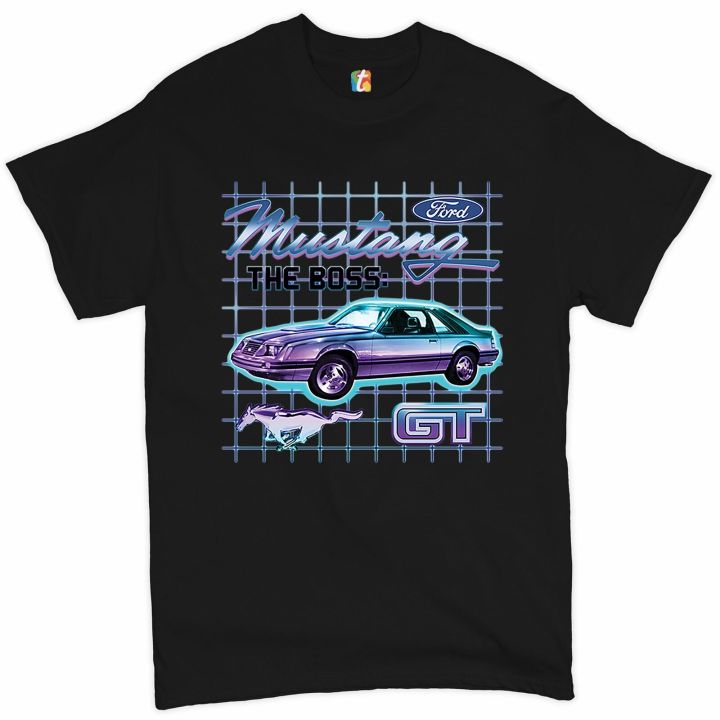 ford-mustang-gt-the-boss-tshirt-vintage-neon-car-retro-licensed-mens-tee