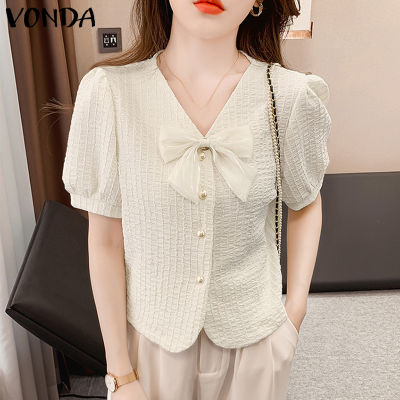 (จัดส่งฟรี)Fancystyle VONDA เสื้อผู้หญิงเสื้อคอวีผูกปมที่สง่างามแขนสั้นแบบหลวมลำลอง