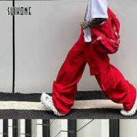 Suikone กางเกงคาร์โก้สีแดงกางเกงเบาและระบายอากาศได้วินเทจอเมริกัน